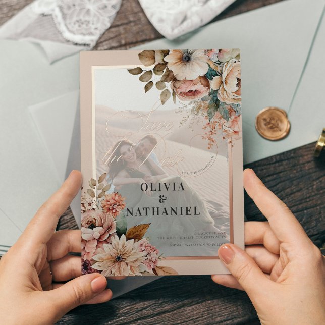 Invitación Con Relieve Metalizado Elegante matrimonio de fotos florales salva la fec (Subido por el creador)