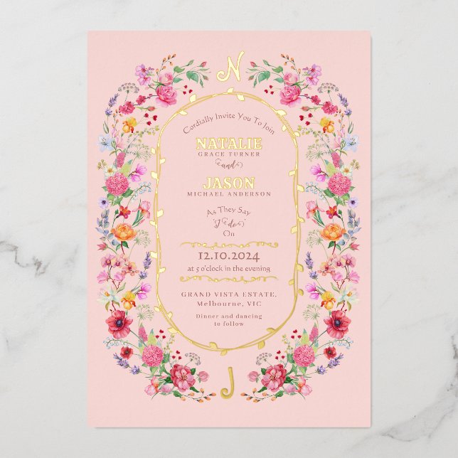 Invitación Con Relieve Metalizado Elegante Meadow Spring Garden Wedding (Anverso)
