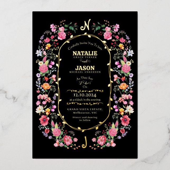 Invitación Con Relieve Metalizado Elegante Meadow Spring Garden Wedding (Anverso)