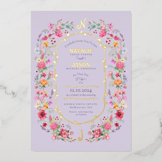 Invitación Con Relieve Metalizado Elegante Meadow Spring Garden Wedding (Anverso)