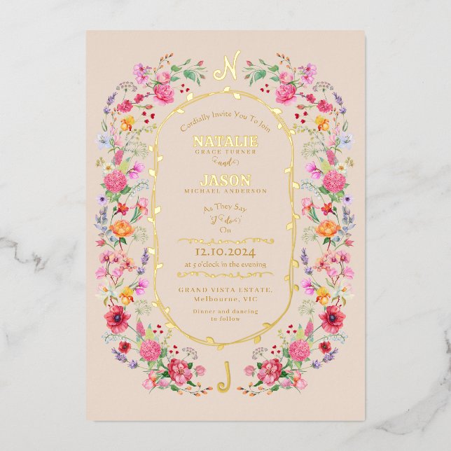 Invitación Con Relieve Metalizado Elegante Meadow Spring Garden Wedding (Anverso)