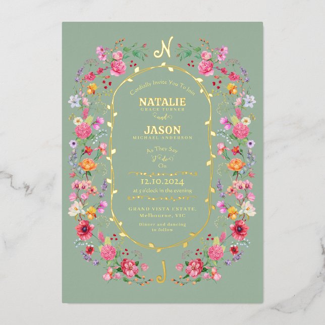 Invitación Con Relieve Metalizado Elegante Meadow Spring Garden Wedding (Anverso)