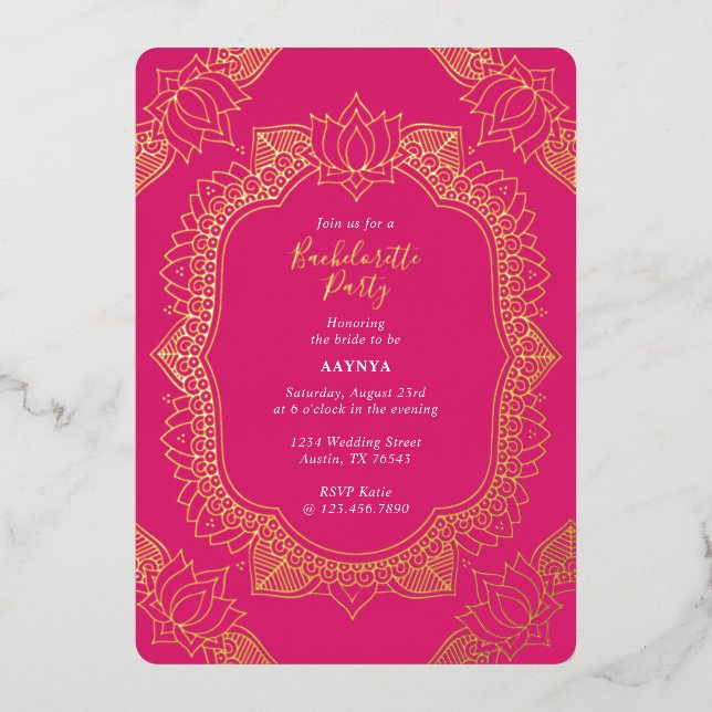 Invitación Con Relieve Metalizado Elegante Mehndi Bachelorette Party Gold (Anverso)