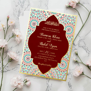 Invitación Con Relieve Metalizado Elegante Mihrab Ornado Damask Boda Musulmana