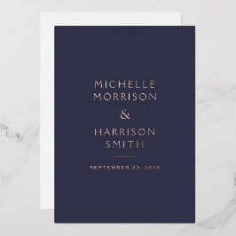 Invitación Con Relieve Metalizado Elegante Minimalista Azul Marino Boda Rosa Oro