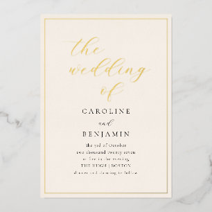Invitación Con Relieve Metalizado Elegante Minimalista Boda de Letra Script Marfil D