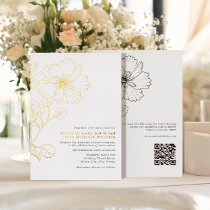 Invitación Con Relieve Metalizado Elegante Minimalista Moderna Flores RSVP QR Atrás