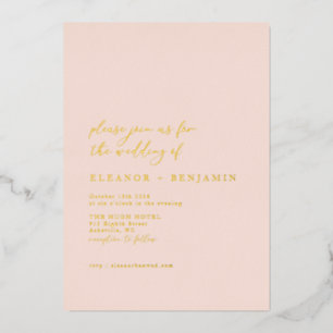 Invitación Con Relieve Metalizado Elegante Minimalista Rosa Melocotón Rubor Boda Oro