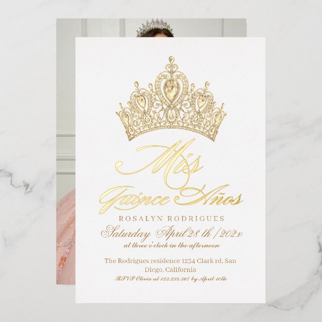 Invitación Con Relieve Metalizado Elegante Mis Quince Anos White Gold Photo (Anverso/Reverso)