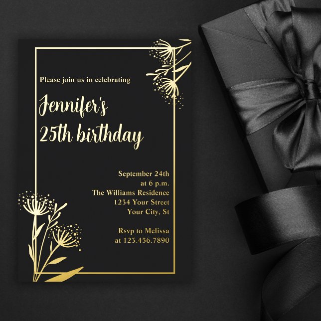 Invitación Con Relieve Metalizado Elegante Moda Black Floral 25th Birthday Party (Subido por el creador)