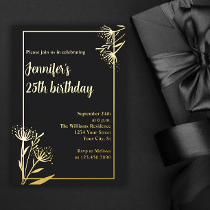 Invitación Con Relieve Metalizado Elegante Moda Black Floral 25th Birthday Party