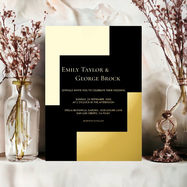 Invitación Con Relieve Metalizado Elegante Moda Clásica Moderna Boda Negro Y Oro (Subido por el creador)