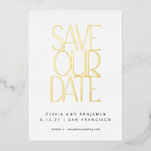 Invitación Con Relieve Metalizado Elegante moderno blanco y dorado salvar la fecha