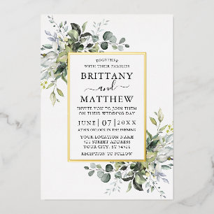 Invitación Con Relieve Metalizado Elegante Moderno Bodas Verde Acuarela Dorado