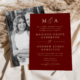 Invitación Con Relieve Metalizado Elegante Moderno Burgundy Foto Boda Monograma
