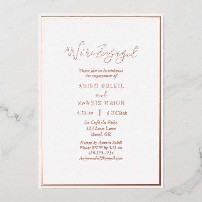 Invitación Con Relieve Metalizado Elegante moderno Estamos comprometidos Rosa de oro (Anverso)