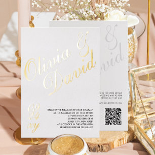 Invitación Con Relieve Metalizado Elegante Moderno Minimalista RSVP QR Atrás Boda