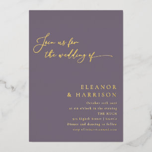 Invitación Con Relieve Metalizado Elegante Moderno Minimalista Script Bodas Oro Púrp