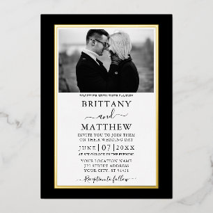 Invitación Con Relieve Metalizado Elegante Moderno Negro y Blanco Foto Boda Dorado
