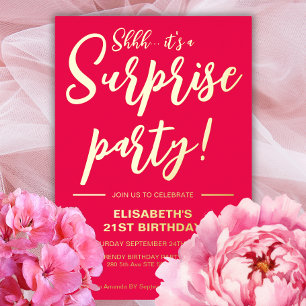Invitación Con Relieve Metalizado Elegante Moderno Rojo y Dorado Cumpleaños Sorpresa