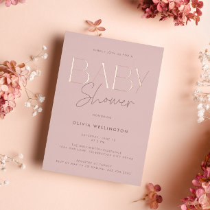 Invitación Con Relieve Metalizado Elegante Moderno Rosa Script Baby Shower Dorado