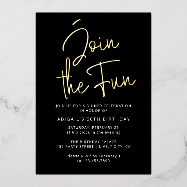 Invitación Con Relieve Metalizado Elegante moderno únete divertido fiesta de cumplea (Anverso)