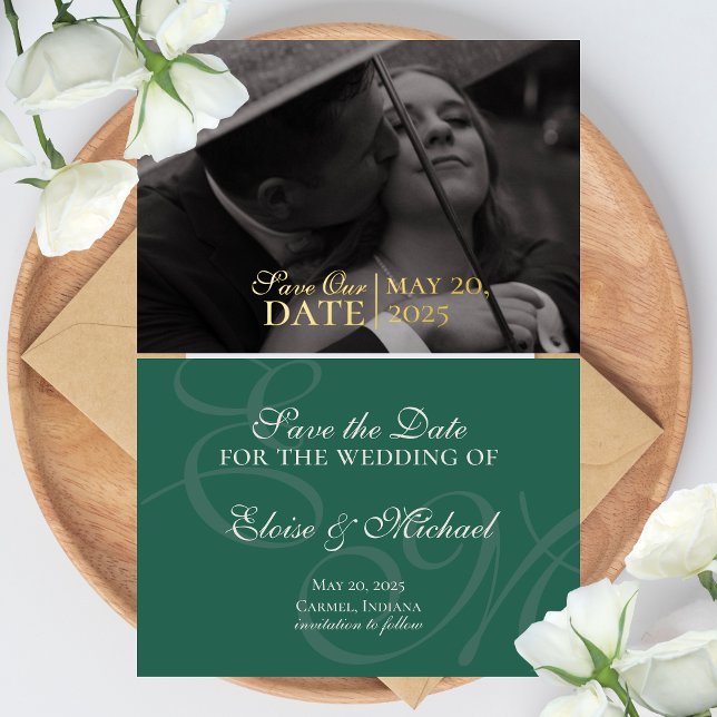 Invitación Con Relieve Metalizado Elegante Moderno Verde Ahorra la Fecha de Boda con (Modern Elegant Sage Green Wedding Suite Theme with options to personalize for your special day.)