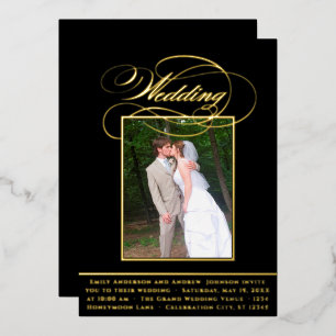 Invitación Con Relieve Metalizado Elegante Moderno Vintage Oro Foto Boda Foi Hoja de