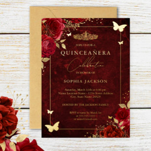 Invitación Con Relieve Metalizado Elegante Moisés Floral Rojo de Oro Quinceanera