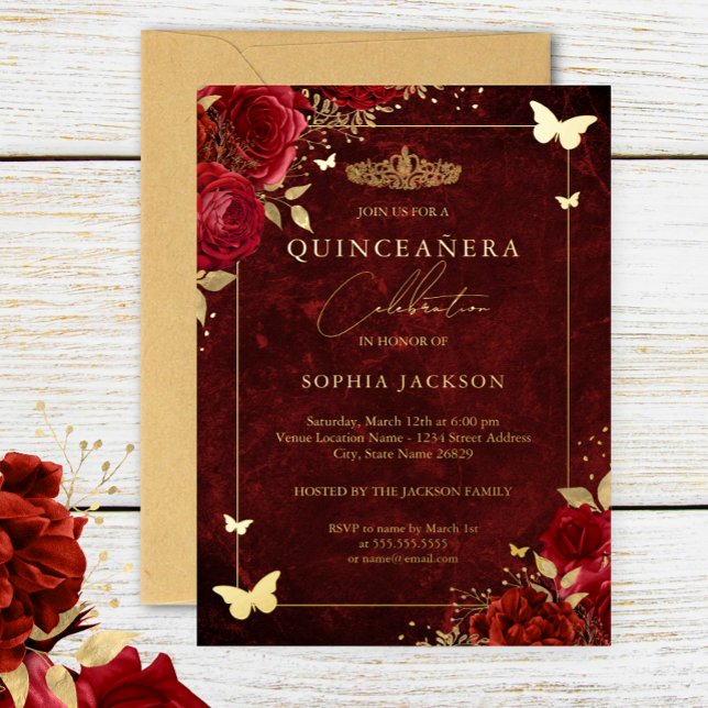 Invitación Con Relieve Metalizado Elegante Moisés Floral Rojo de Oro Quinceanera (Subido por el creador)