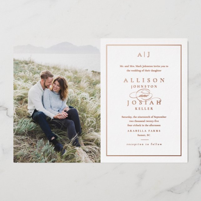 Invitación Con Relieve Metalizado Elegante Monograma Boda de fotografía Rosa Oro (Anverso)