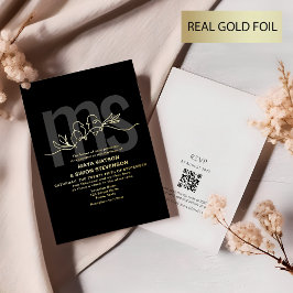 Invitación Con Relieve Metalizado Elegante Monograma Boda de Oro y Negro