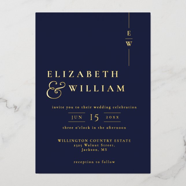 Invitación Con Relieve Metalizado Elegante Monograma Boda Marina Azul Y Oro (Anverso)