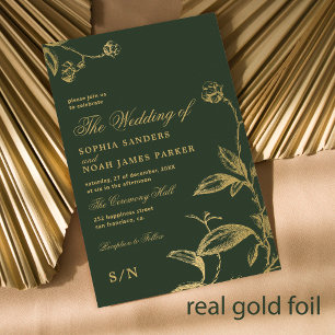 Invitación Con Relieve Metalizado Elegante monograma boda moderno oro verde oscuro