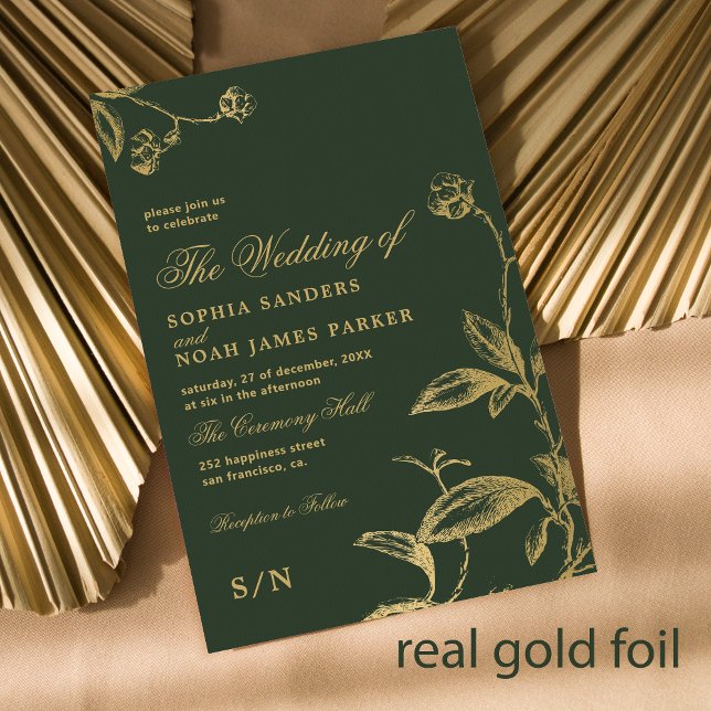 Invitación Con Relieve Metalizado Elegante monograma boda moderno oro verde oscuro (Subido por el creador)