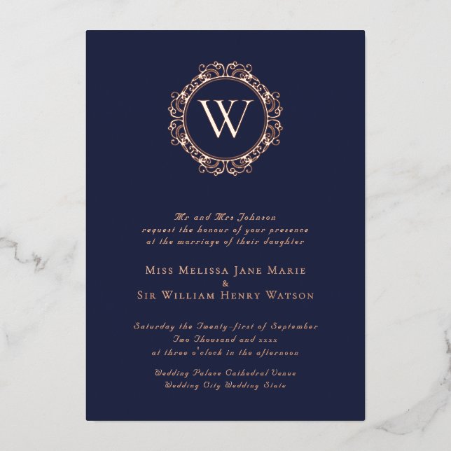 Invitación Con Relieve Metalizado Elegante Monograma Clásico Boda (Anverso)