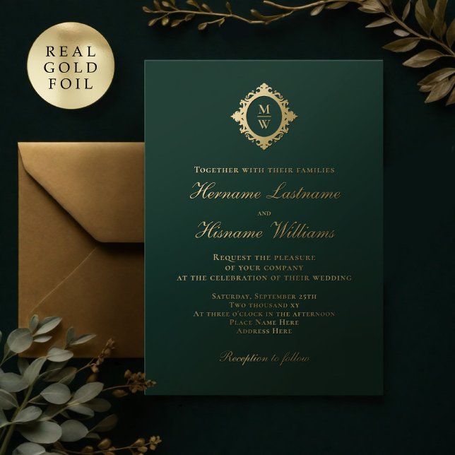 Invitación Con Relieve Metalizado Elegante Monograma Clásico Luxe Esmeralda Verde Or (Subido por el creador)