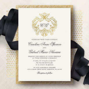 Invitación Con Relieve Metalizado Elegante Monograma Cresta Barroca Boda