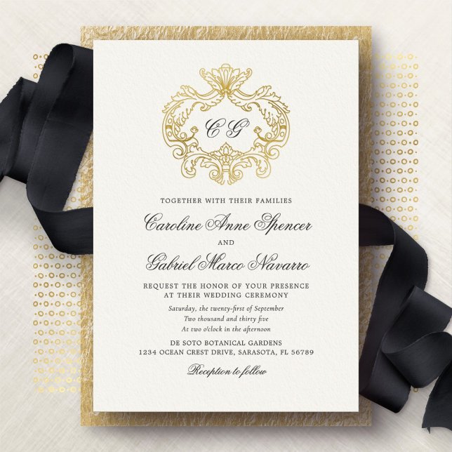 Invitación Con Relieve Metalizado Elegante Monograma Cresta Barroca Boda (Subido por el creador)