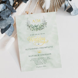 Invitación Con Relieve Metalizado Elegante Monograma de Bodas de Eucalipto con Hoja 