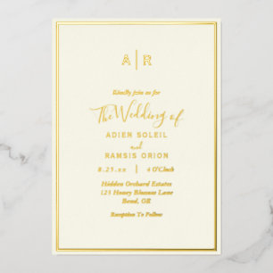 Invitación Con Relieve Metalizado Elegante Monograma de Marfil Moderno de Boda de Or