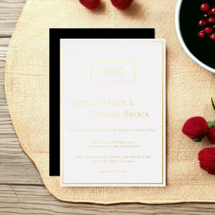Invitación Con Relieve Metalizado Elegante Monograma Dorado Blanco Negro Marco de Bo