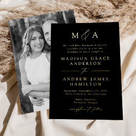Invitación Con Relieve Metalizado Elegante Monograma Dorado Moderno para Boda de Fot