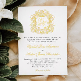 Invitación Con Relieve Metalizado Elegante Monograma Escudo Boda Oro