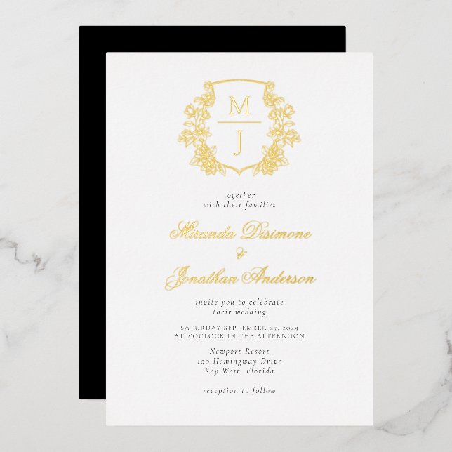 Invitación Con Relieve Metalizado Elegante Monograma Escudo Boda Relieve metalizado  (Anverso/Reverso)