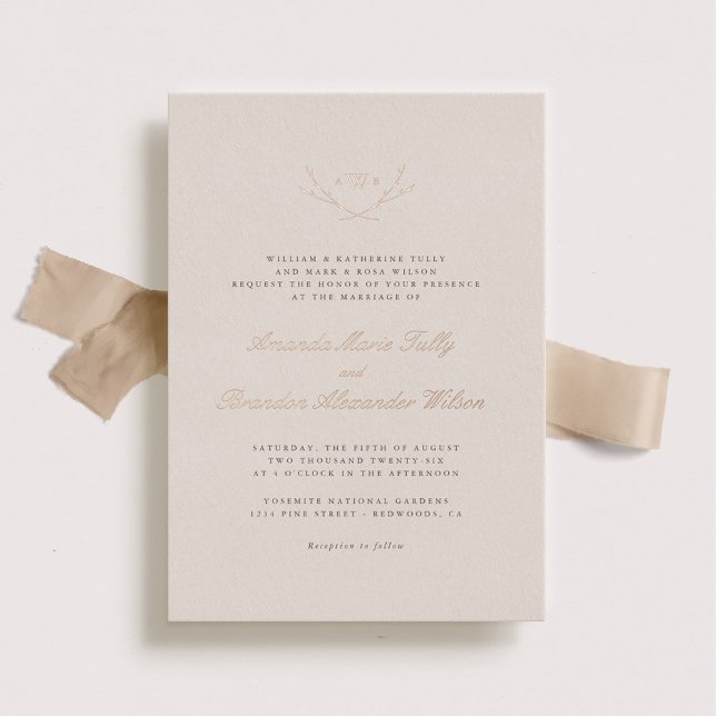 Invitación Con Relieve Metalizado Elegante Monograma Forestal Rosa Boda Oro (Subido por el creador)