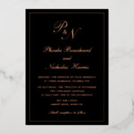 Invitación Con Relieve Metalizado Elegante Monograma Formal Boda Negro Rosa Oro<br><div class="desc">Invitación a la boda de Relieve metalizado de oro negro y rosa de estilo tradicional con un diseño sencillo y clásico con su monograma inicial y sus nombres en una caligrafía elegante dentro de un borde delgado. Todos los elementos de diseño del frente están impresos en Relieve metalizado real. Esta...</div>