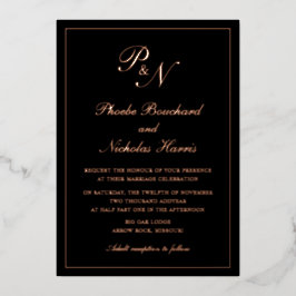 Invitación Con Relieve Metalizado Elegante Monograma Formal Boda Negro Rosa Oro