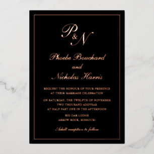 Invitación Con Relieve Metalizado Elegante Monograma Formal Boda Negro Rosa Oro