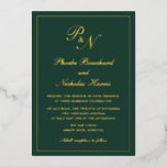Invitación Con Relieve Metalizado Elegante Monograma Formal Bosque Verde Boda Oro<br><div class="desc">Invitación a la boda de Relieve metalizado verde y dorado estilo tradicional con un diseño sencillo y clásico con su primer monograma y sus nombres en una caligrafía elegante dentro de un borde delgado. Todos los elementos de diseño del frente están impresos en Relieve metalizado real. Esta invitación de bodas...</div>